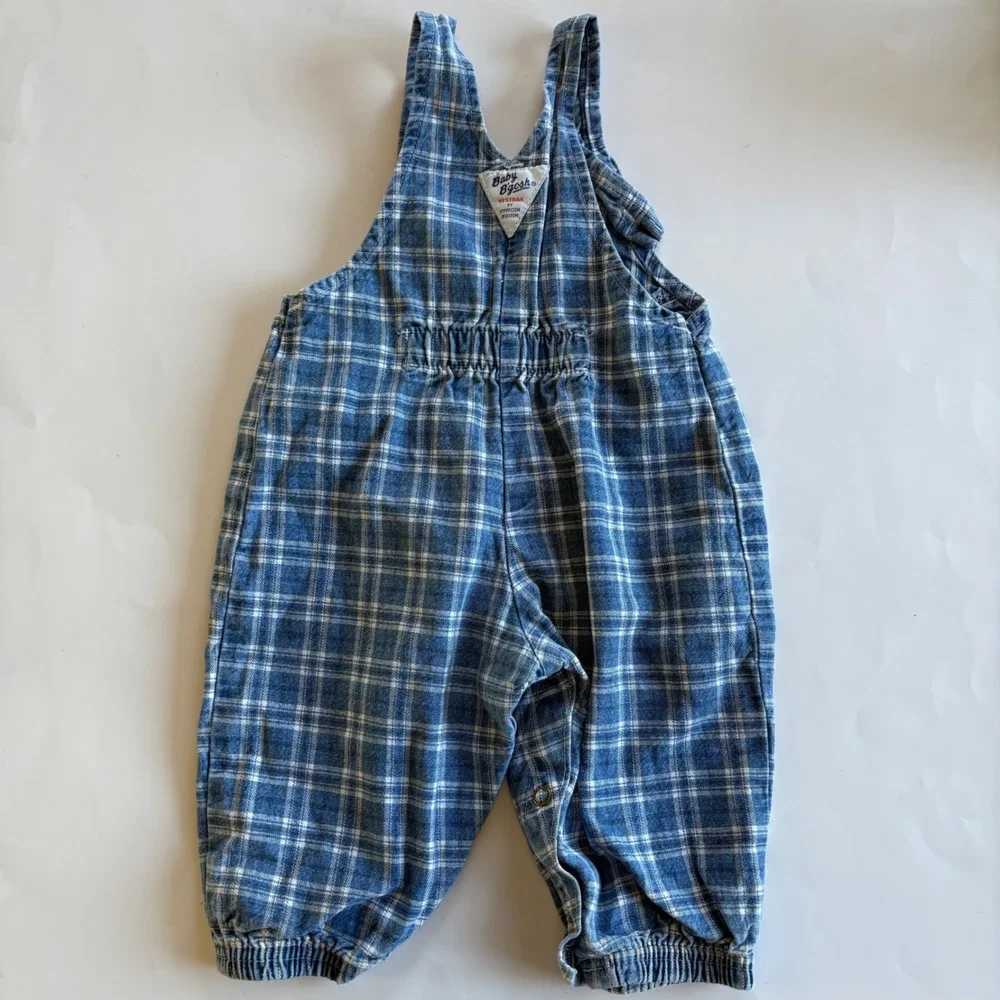 Vintage Baby OshKosh Bgosh Blue Plaid 100% Cotton Overalls 6-9M Paper Tag